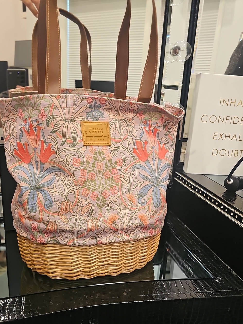 William Morris Pink Floral Tote with Brown Leather Straps